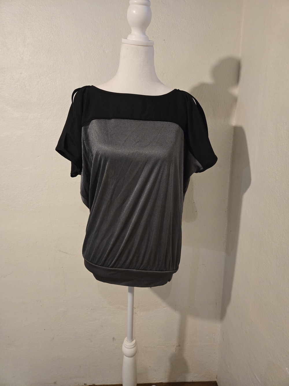 Cold Shoulder Cynthia Rowley Blouse in Black & Metallic Charcoal - Size XS